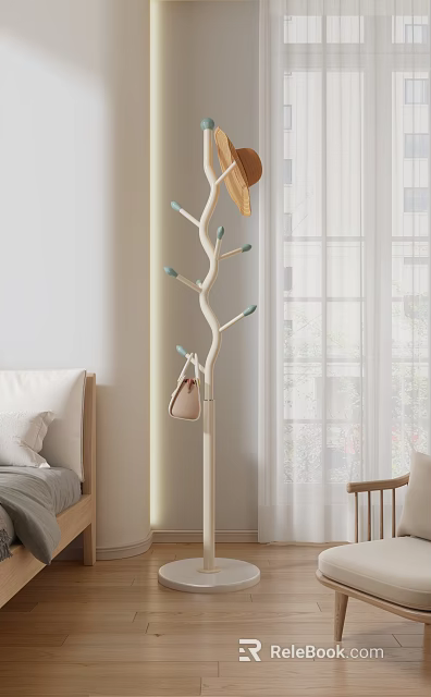 Cozy Bedroom Interior Design With Tree Shaped Coat Rack Bed Window Curtains And Stool 3d model 