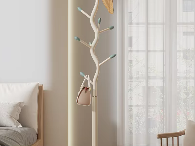 Cozy Bedroom Interior Design With Tree Shaped Coat Rack Bed Window Curtains And Stool 3d model