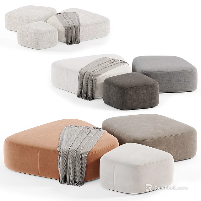 Stylish Fabric Ottomans In Various Colors With Soft Gray Throws For Living Room 3d model 