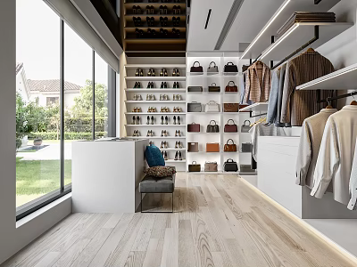 Modern Walk in Closet Design With Hanging Clothes Shoe Storage Bench And Large Window 3d model