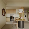 Modern Living and Dining Room Interior With Curved Wooden Cabinets Pendant Light and Dining Table