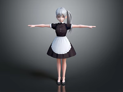 3D Anime Character In Maid Outfit With Silver Hair Ponytail And Arms Outstretched 3d model