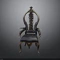 Elegant Vintage Chair With Ornate Backrest Curved Armrests And Dark Leather Seat