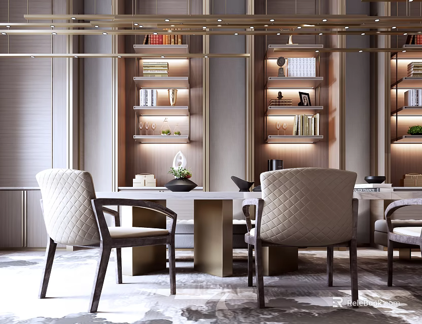 Modern Dining Table Set With Upholstered Chairs And Bookshelf Lighting Interior 3d model