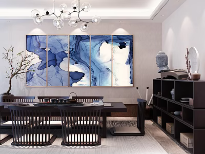 Chinese Style Dark Wood Tea Table And Chairs With Blue White Ink Painting And Chandelier 3d model