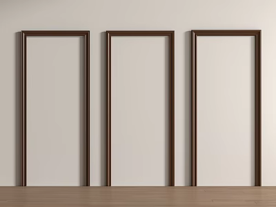 Three Brown Empty Frames Hanging On Light Colored Wall With Wooden Floor 3d model