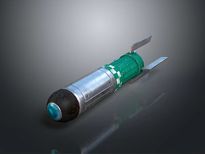 Military Weapon Featuring Silver Body Green Section Black Base Blue Component and Metal Fins Design 3d model
