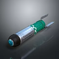 Military Weapon Featuring Silver Body Green Section Black Base Blue Component and Metal Fins Design