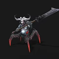 Game Movie Character Horned Warrior With Giant Decorated Spear Armored Body And Red Clawed Feet