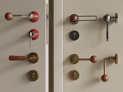 Various Wooden And Brass Door Handles With Locksets On Beige Door Panel 3d model