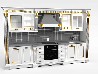 Classical White Kitchen Cabinets With Gold Trim Range Hood And Tile Backsplash 3d model