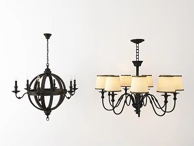 Modern Classic Black Chandeliers With Spherical Candle Lights And Multiple Cream Shade Arms 3d model