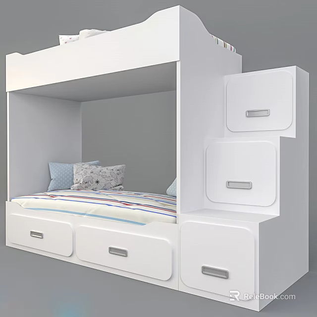 White Bunk Bed With Drawers Mattress Pillows And Storage In Kids Bedroom 3d model 