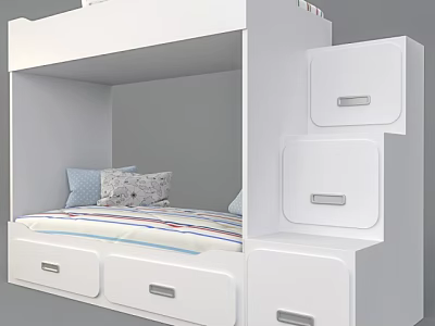 White Bunk Bed With Drawers Mattress Pillows And Storage In Kids Bedroom 3d model