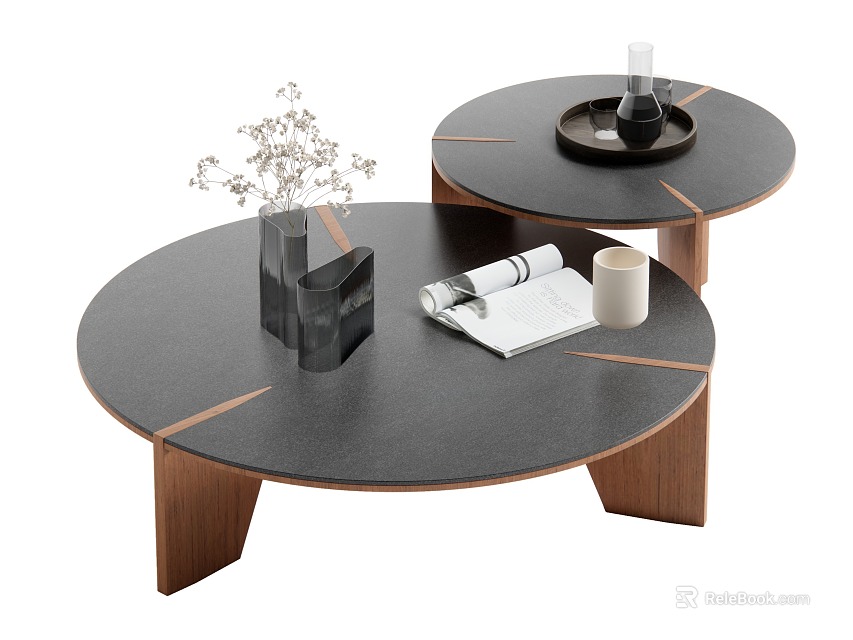 Round Black Wooden Coffee Table with Stacked Design Vase Open Magazine and White Cup 3d model 