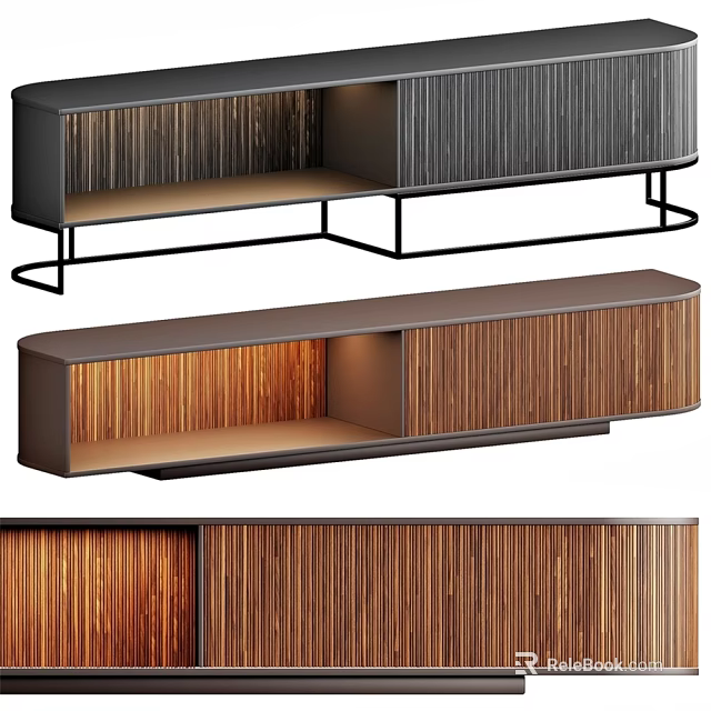Modern Wooden Dresser With Striped Panels And Open Storage Space On Metal Base 3d model 