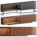 Modern Wooden Dresser With Striped Panels And Open Storage Space On Metal Base