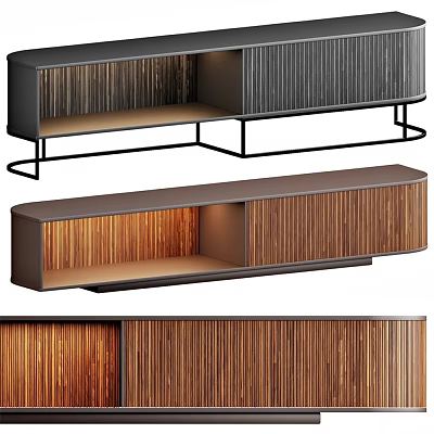Modern Wooden Dresser With Striped Panels And Open Storage Space On Metal Base 3d model