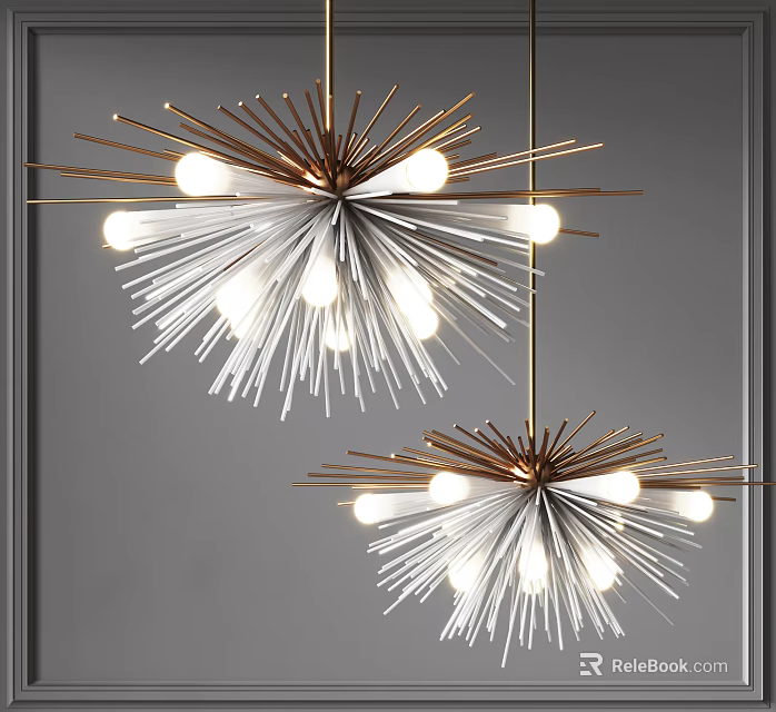 Modern Chandelier With Radial Design Metallic Frame White Accents And Illuminated Light Bulbs 3d model 