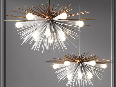Modern Chandelier With Radial Design Metallic Frame White Accents And Illuminated Light Bulbs 3d model