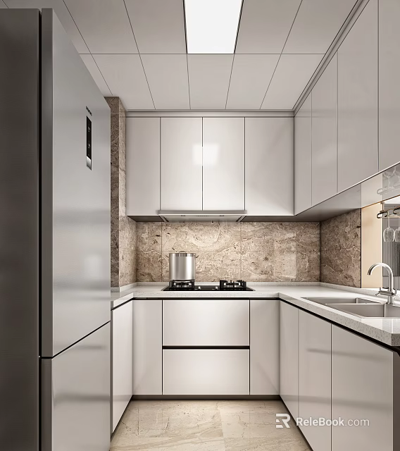 Modern Kitchen Interior With White Cabinets Stainless Steel Appliances And Stone Backsplash 3d model 