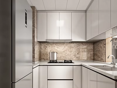 Modern Kitchen Interior With White Cabinets Stainless Steel Appliances And Stone Backsplash 3d model