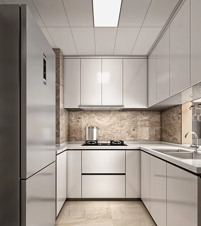 Modern Kitchen Interior With White Cabinets Stainless Steel Appliances And Stone Backsplash 3d model