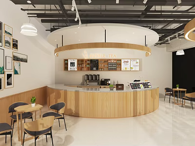 Bubble Tea Shop Modern Interior Design With Round Wooden Counter Seating Area And Wall Decor 3d model