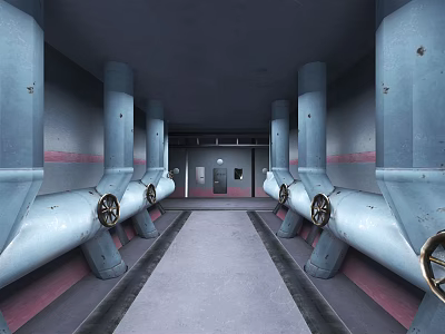 Industrial Elevator Aisle With Metal Pipes Gray Walls And Concrete Floor Layout 3d model
