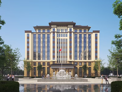 Elegant Classical Office Building Exterior Design With Red Flag Front Fountain And Green Trees 3d model