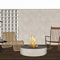 Outdoor Patio Seating Set With Rattan Chairs Wooden Rocking Chair And Round Fire Pit
