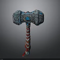 Ornate Fantasy Hammer With Blue Head Red And White Striped Handle And Intricate Patterns