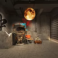 Japanese Ramen Restaurant Interior With Wooden Tables and Stools Wheat Decorations Brick Wall Hanging Lanterns