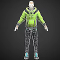 3D Game Character With Neon Green Hoodie NEX Logo Dark Pants And Blue Accents
