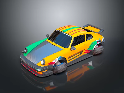 Yellow Green And Gray Modified Racing Car With Wide Body Tires And Rear Spoiler 3d model