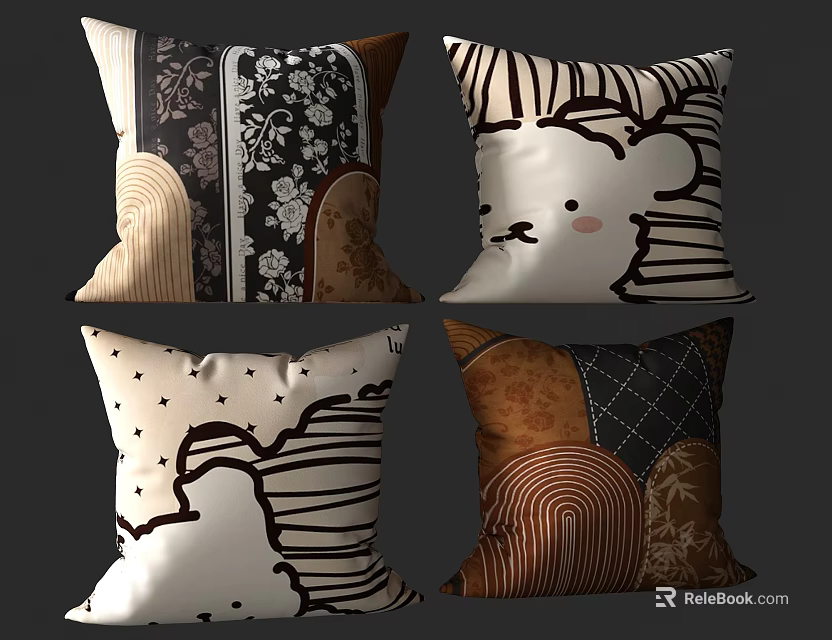 Decorative Throw Pillows With Various Patterns Including Animal Stripe And Floral Designs 3d model