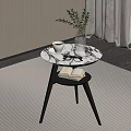 Round Marble Top Side Table With Shelf Book Coffee Cup And Green Plant