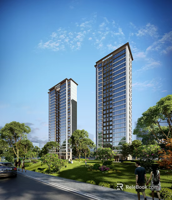 Modern Tall Residential Buildings Surrounded by Green Trees and Blue Sky 3d model 