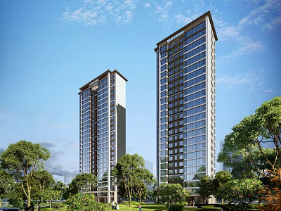 Modern Tall Residential Buildings Surrounded by Green Trees and Blue Sky 3d model