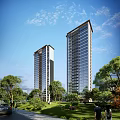 Modern Tall Residential Buildings Surrounded by Green Trees and Blue Sky