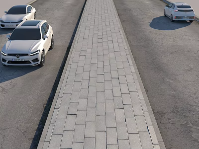Gray Brick Paved Road Infrastructure With Central Path And White Cars On Sides 3d model
