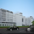 Modern Office Building With Glass Facade And White Panels Near Road With Cars And Trees