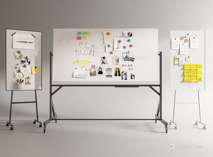 Creative Instruments and Art Supplies Planning Display on Whiteboards with Design Notes 3d model 