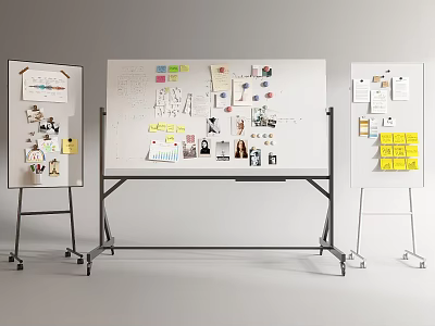 Creative Instruments and Art Supplies Planning Display on Whiteboards with Design Notes 3d model