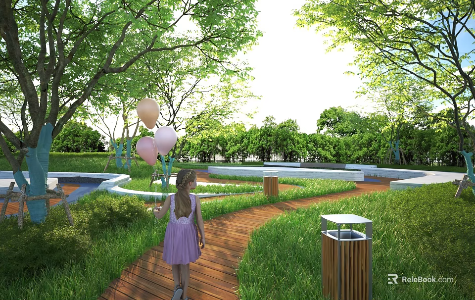 Park Landscape Featuring Little Girl Holding Balloons On Wooden Path With Green Trees And Grass 3d model 