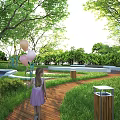 Park Landscape Featuring Little Girl Holding Balloons On Wooden Path With Green Trees And Grass