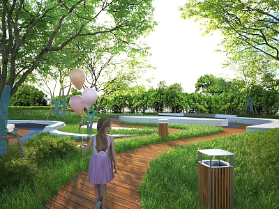 Park Landscape Featuring Little Girl Holding Balloons On Wooden Path With Green Trees And Grass 3d model