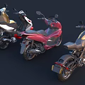 Various Style Motorcycles Including Gold Retro Scooter Red Sports Bike And White Classic Model