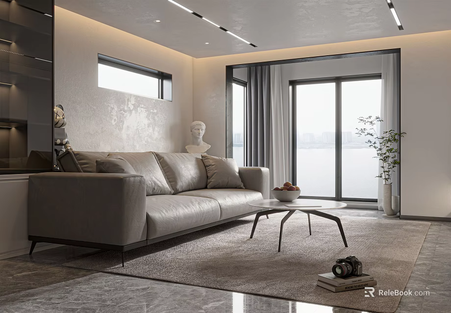Modern Living Room Interior Design With Gray Sofa Coffee Table Rug And Scenic View 3d model 