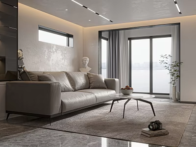 Modern Living Room Interior Design With Gray Sofa Coffee Table Rug And Scenic View 3d model
